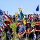 Indigenous climate activists march to the pipeline construction water crossing section after praying for water during a rally and march in Solway, Minnesota on June 7, 2021.